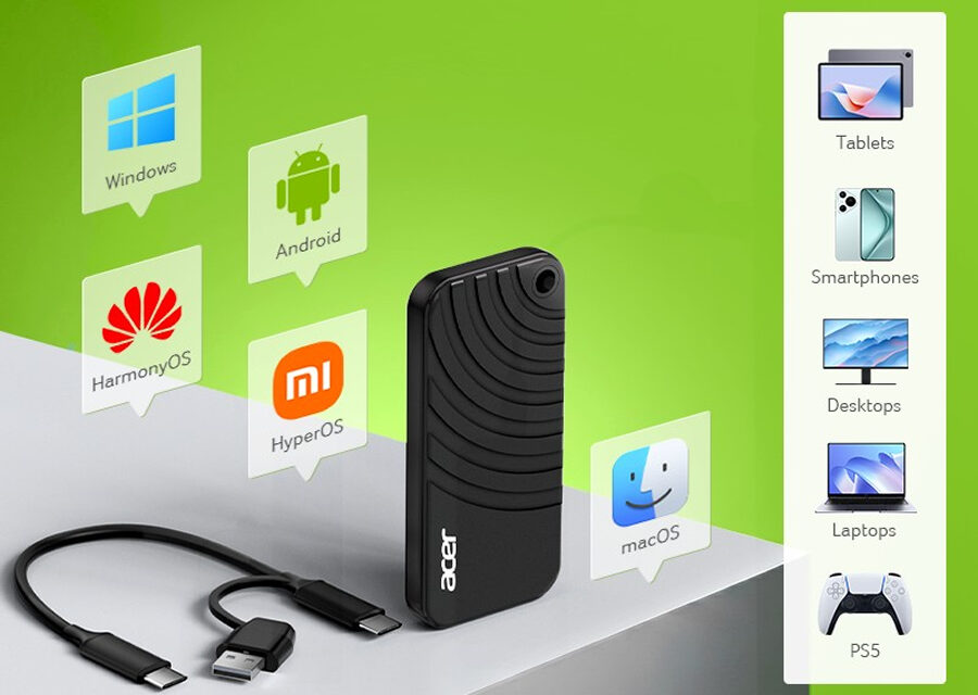 SSD portátil BIWIN Acer PA100: construcción reforzada, formato compacto y compatibilidad universal con notebooks, tablets y smartphones